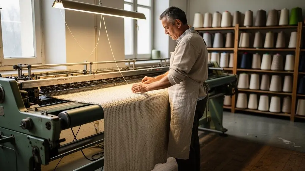 Artisan travaillant sur une machine à tricoter dans un atelier textile français avec de la laine visible en arrière-plan