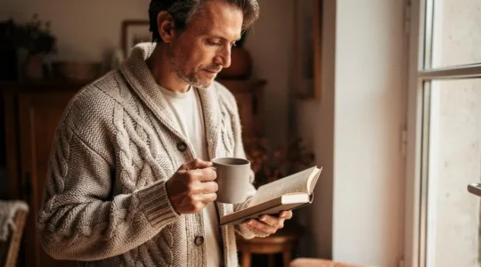 Personne portant un cardigan épais en maille debout près d'une fenêtre dans un intérieur de maison, tenant une tasse
