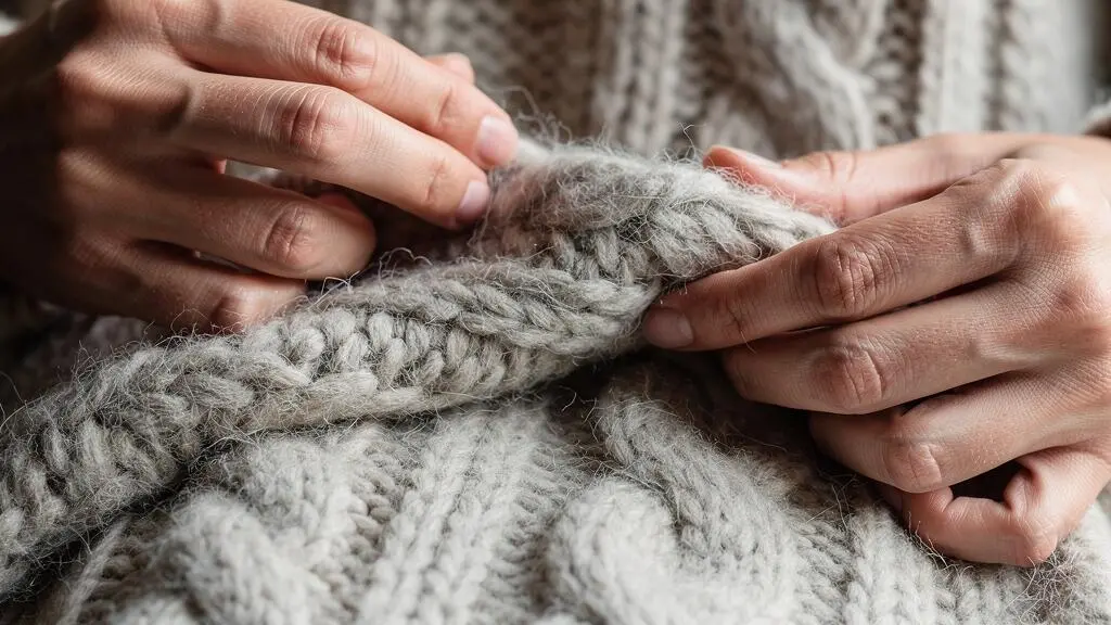 Gros plan de mains touchant un tissu en laine tricotée épaisse montrant la texture des points de maille